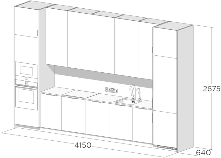 Схема прямой кухни с пеналами