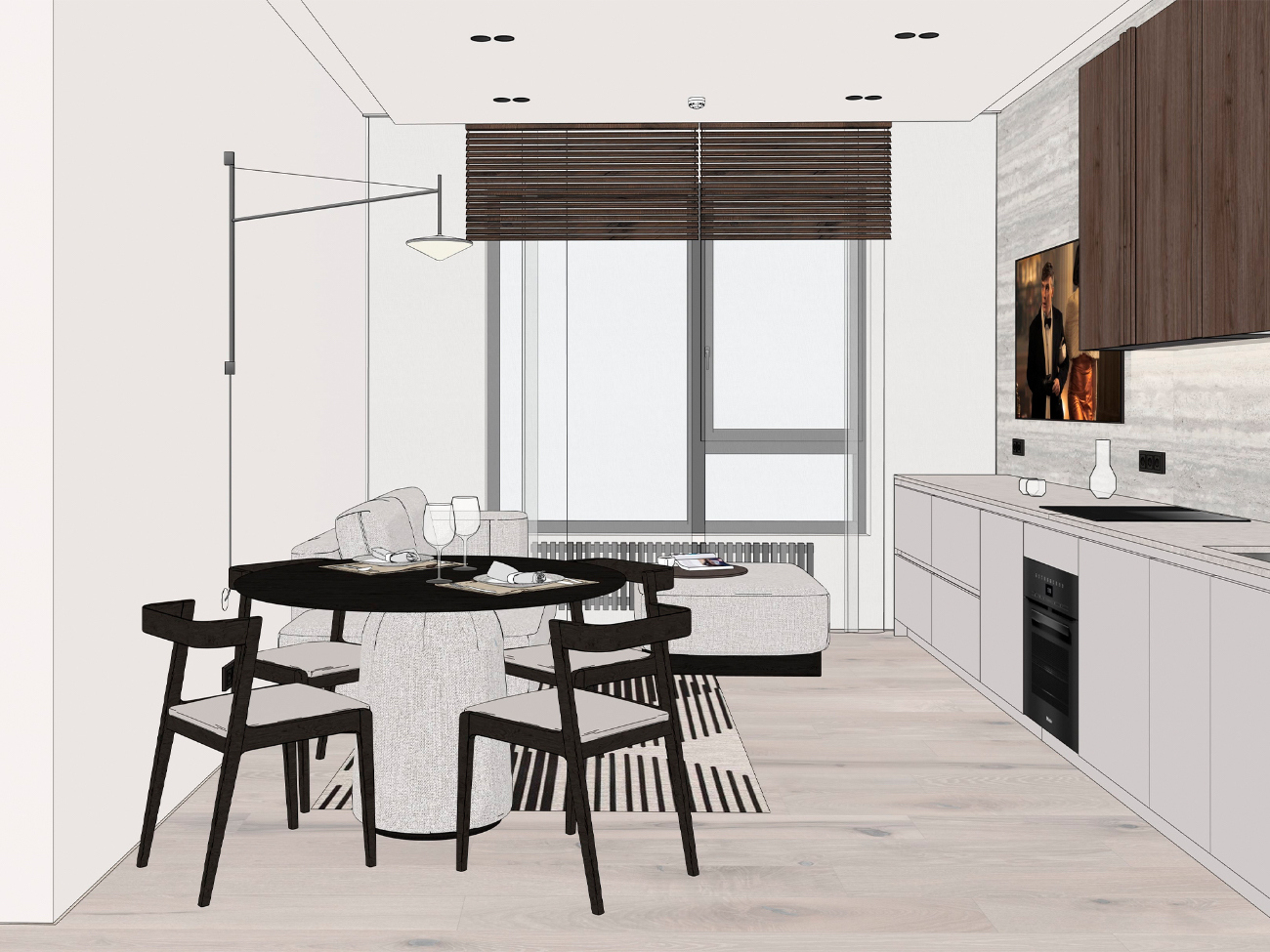 Дизайн-проект бежевой кухни-гостиной