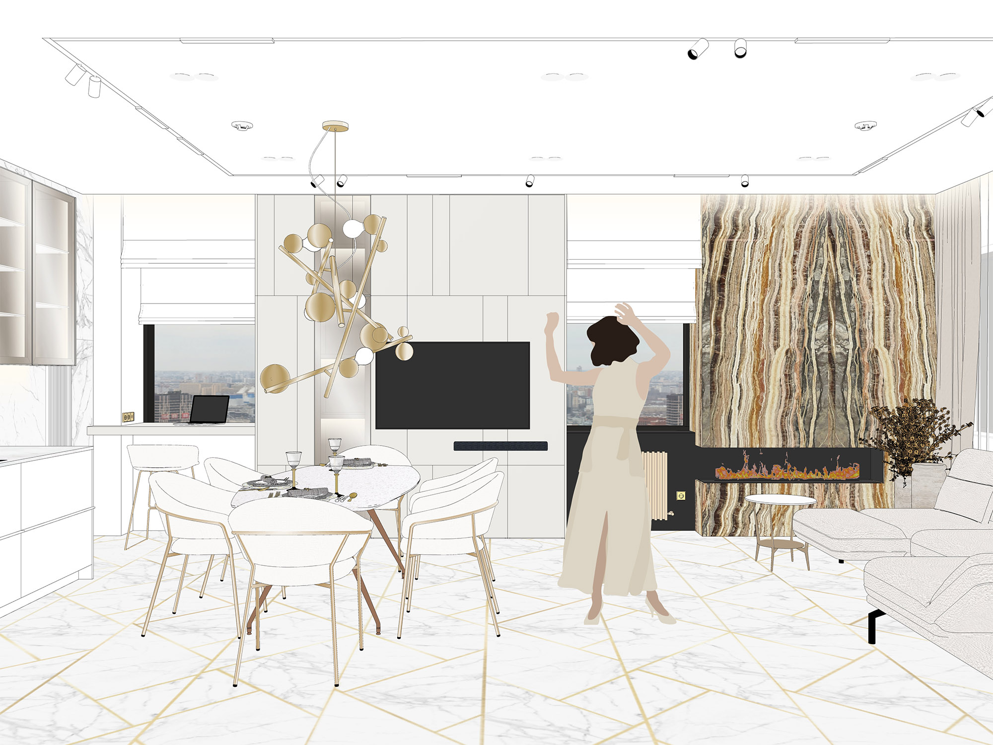 Дизайн-проект кухни-гостиной в стиле современная классика