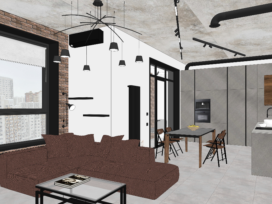 Дизайн кухни-гостиной в стиле лофт