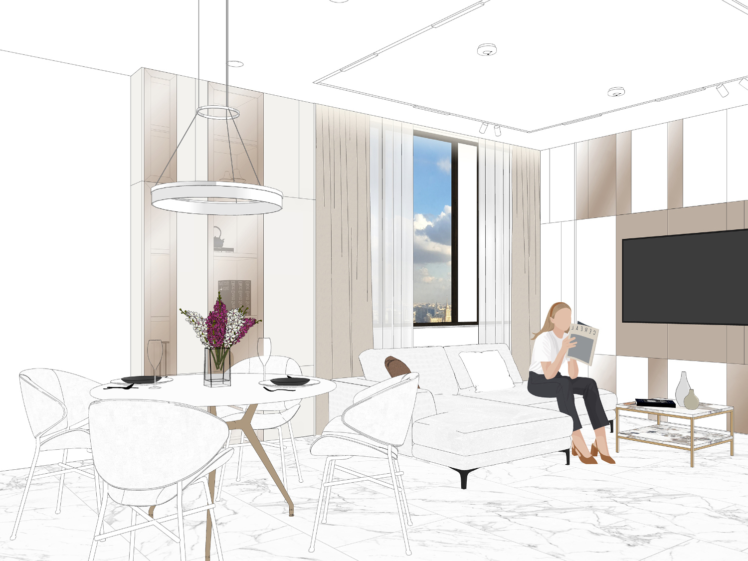 Кухня-гостиная с диваном и шкафом для посуды