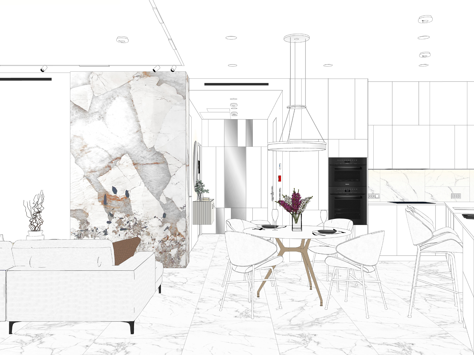 Белая кухня со стеклянными фасадами