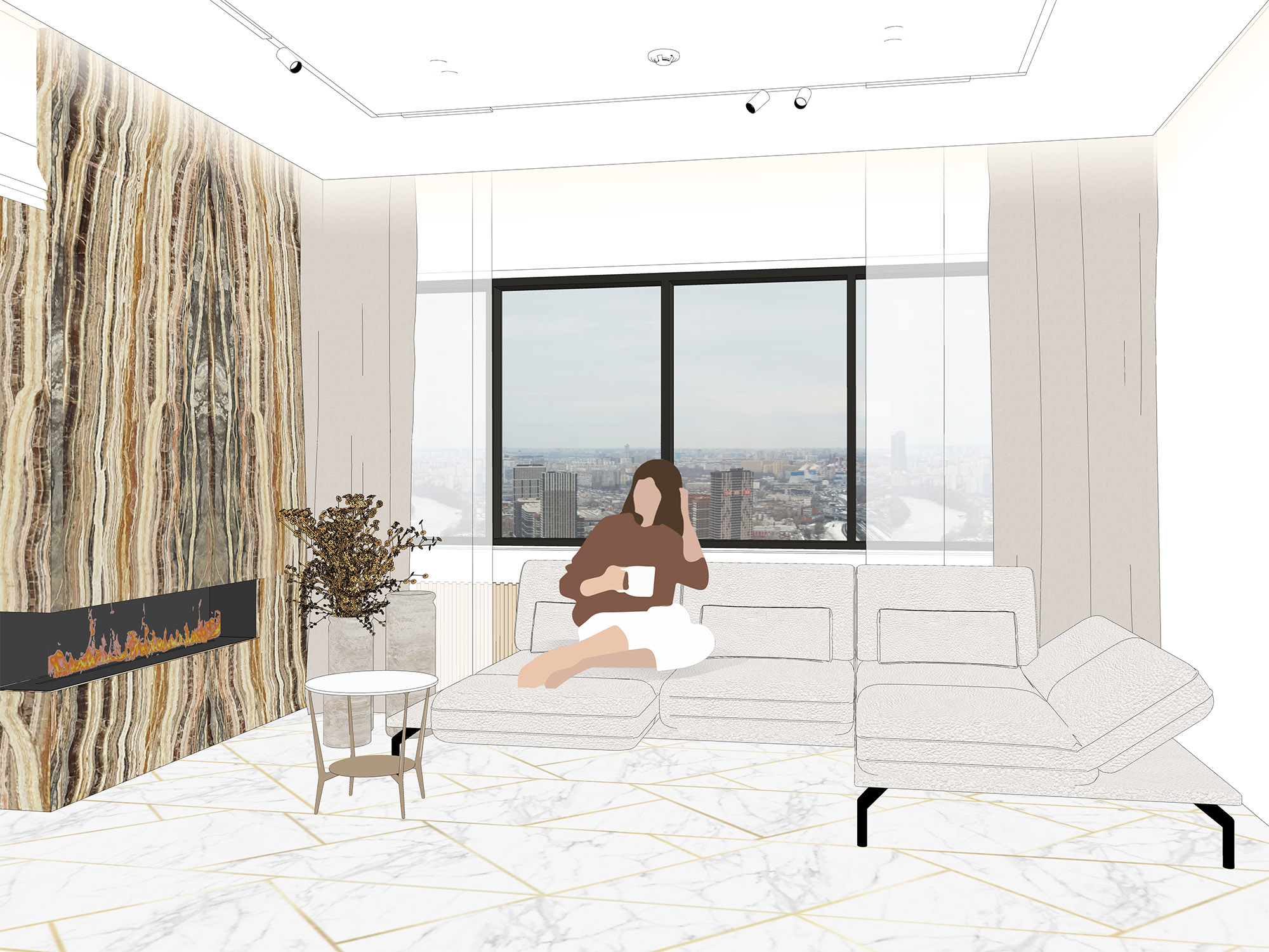 Дизайн гостиной с камином в стиле современная классика