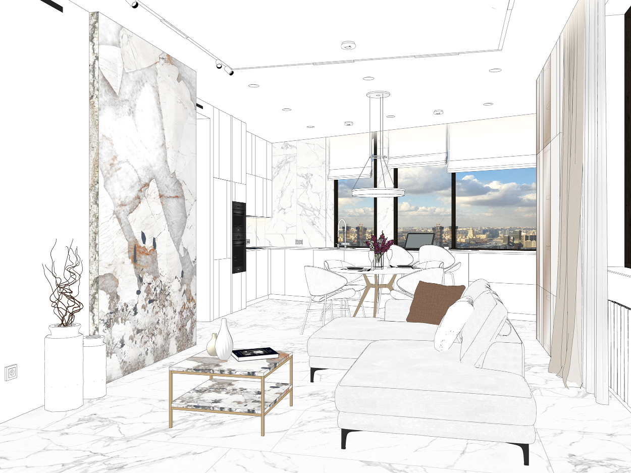 Кухня-гостиная с белой кухней и диваном