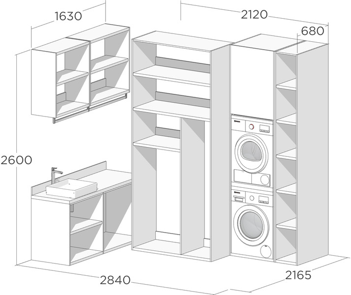 Схема шкафа с открытым хранением в прачечной