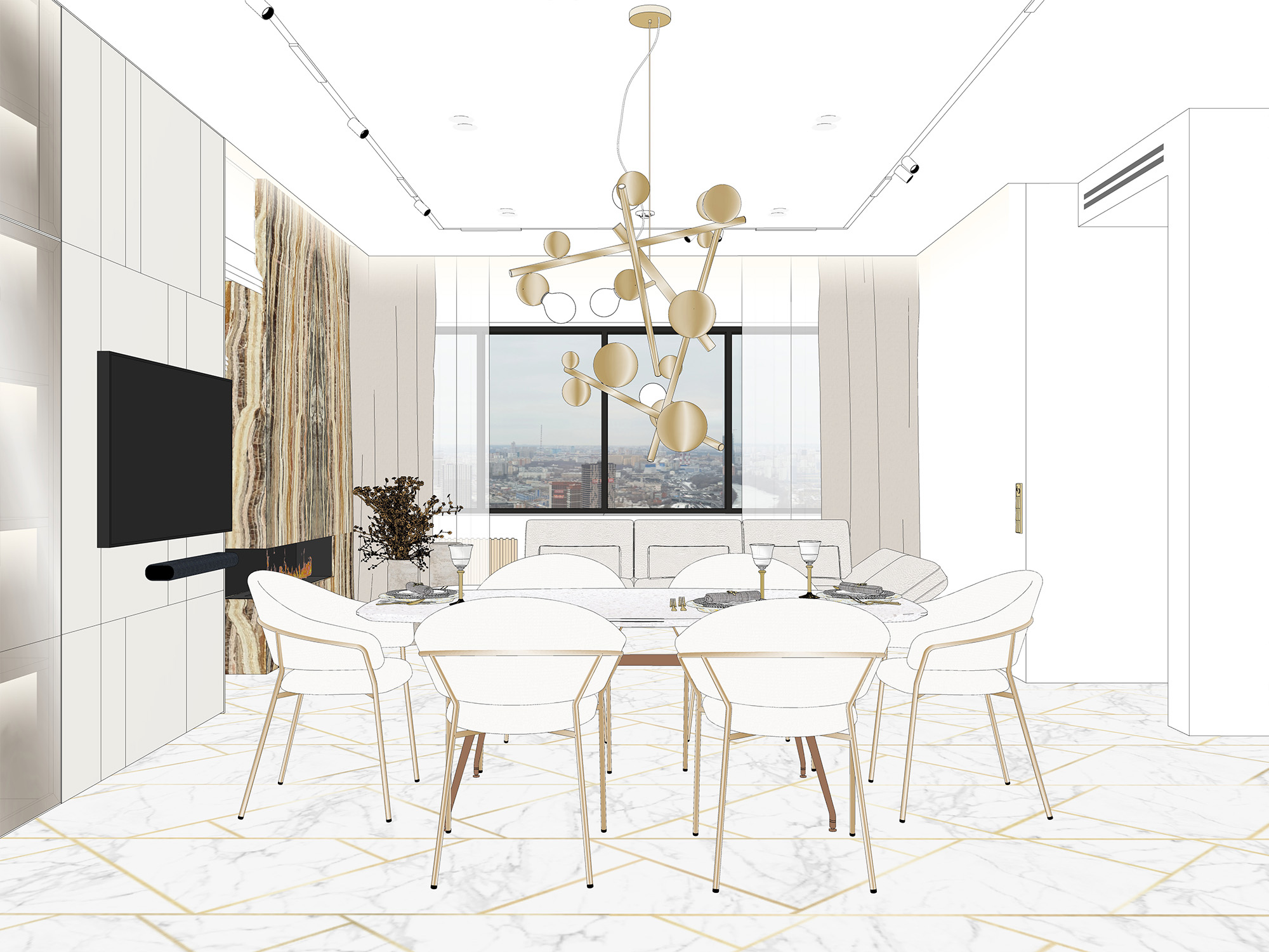 Кухня-гостиная с камином неоклассика