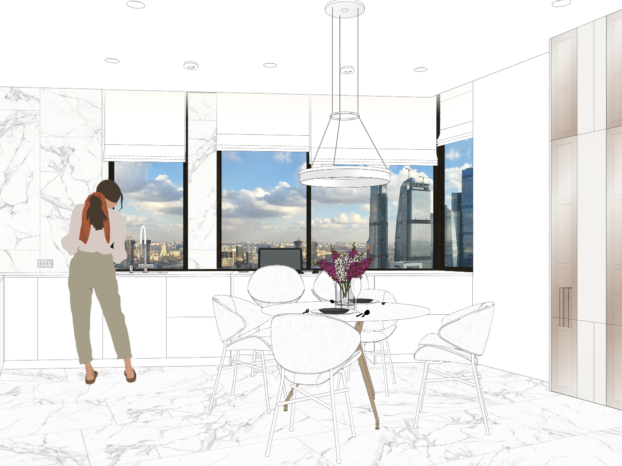 Современная белая кухня-гостиная