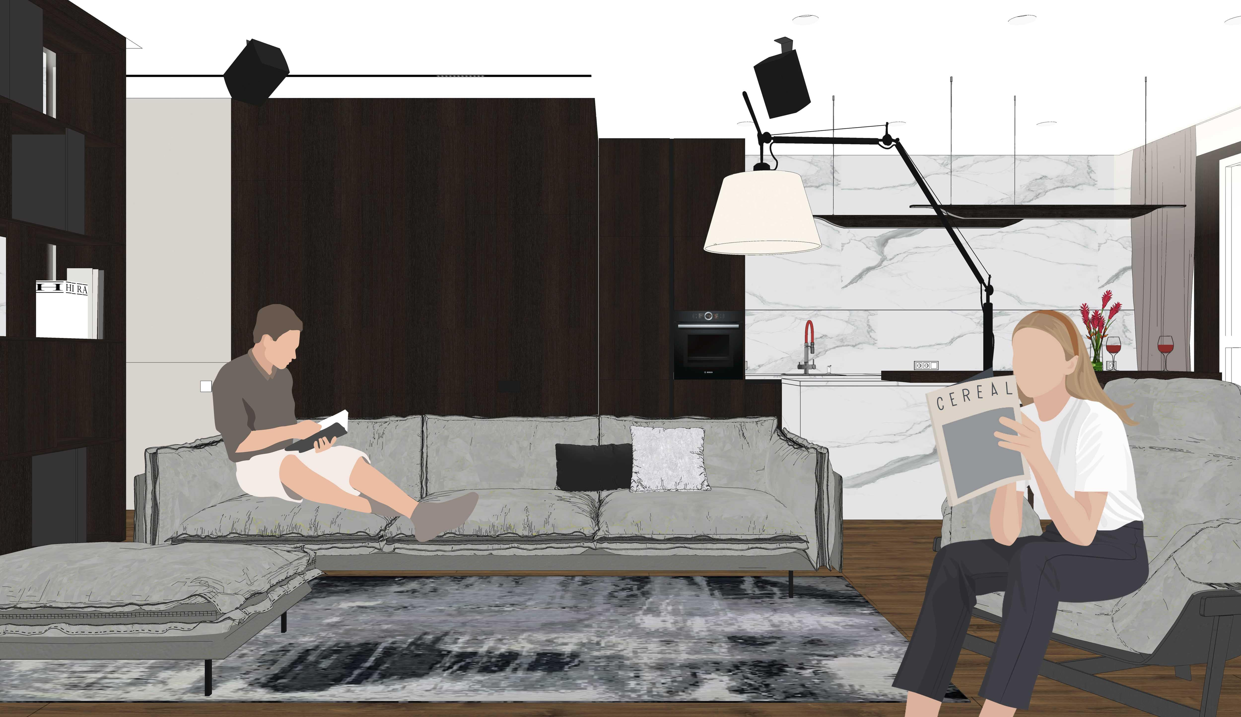 Кухня-гостиная с диваном и островом