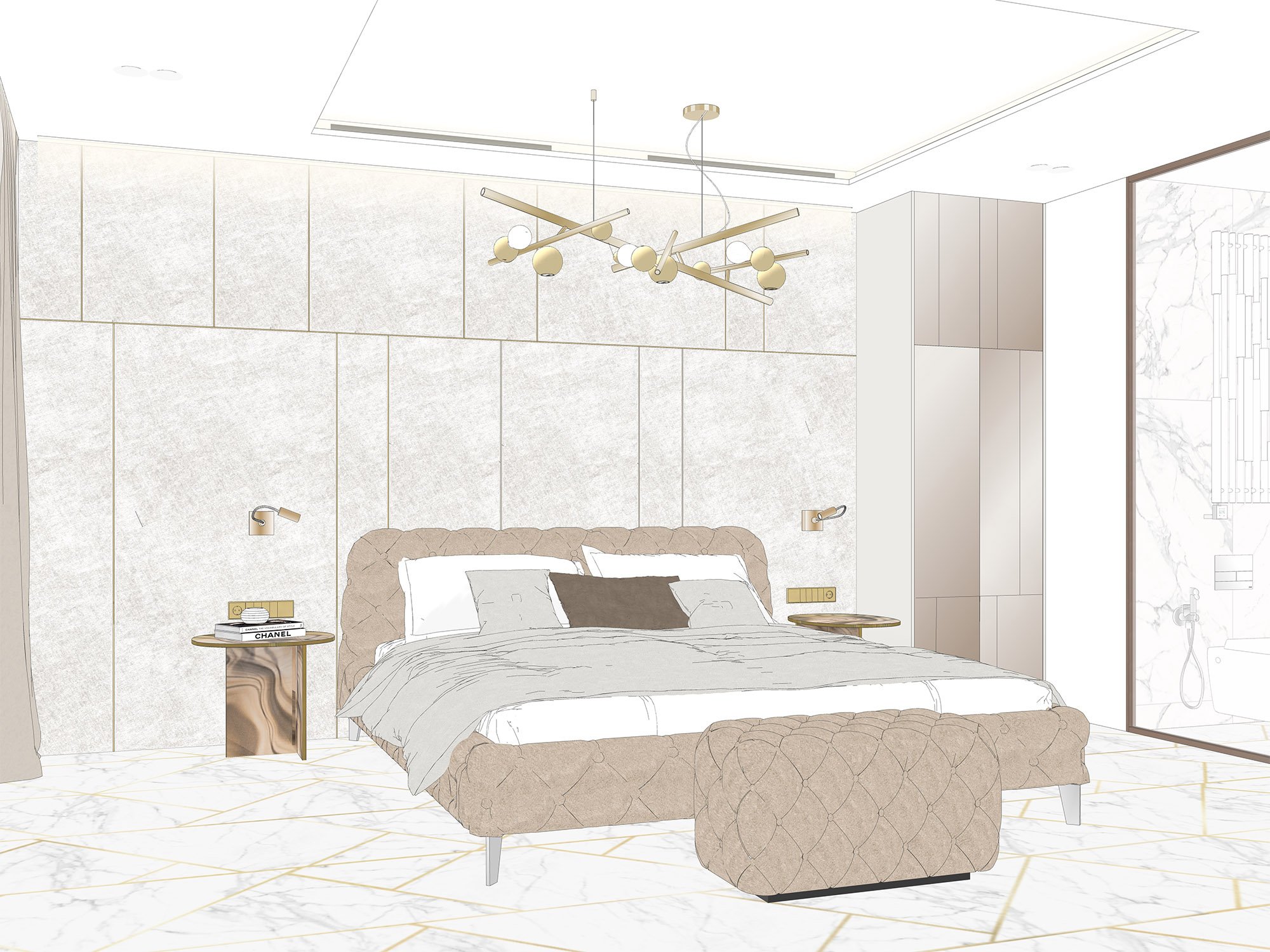 Бежевая спальня неоклассика