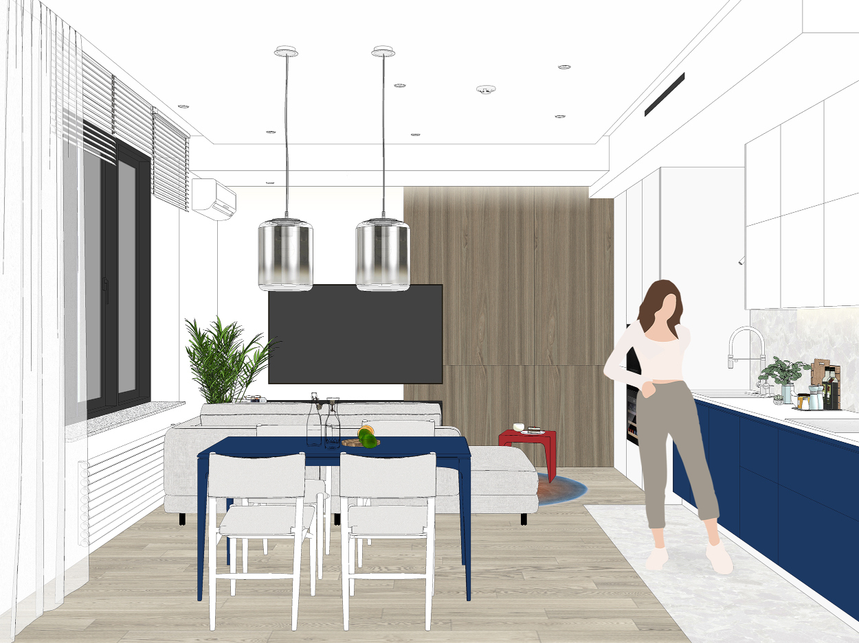 Современная кухня-гостиная с диваном