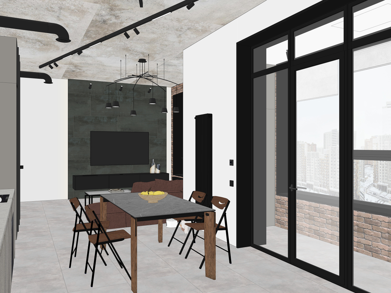 Интерьер кухни-гостиной в стиле лофт