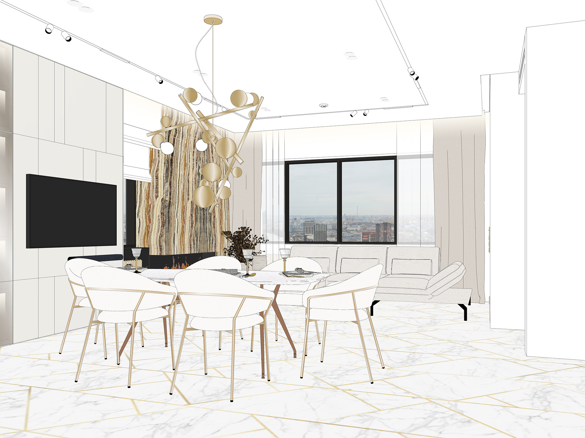 Белая кухня-гостиная в стиле современная классика