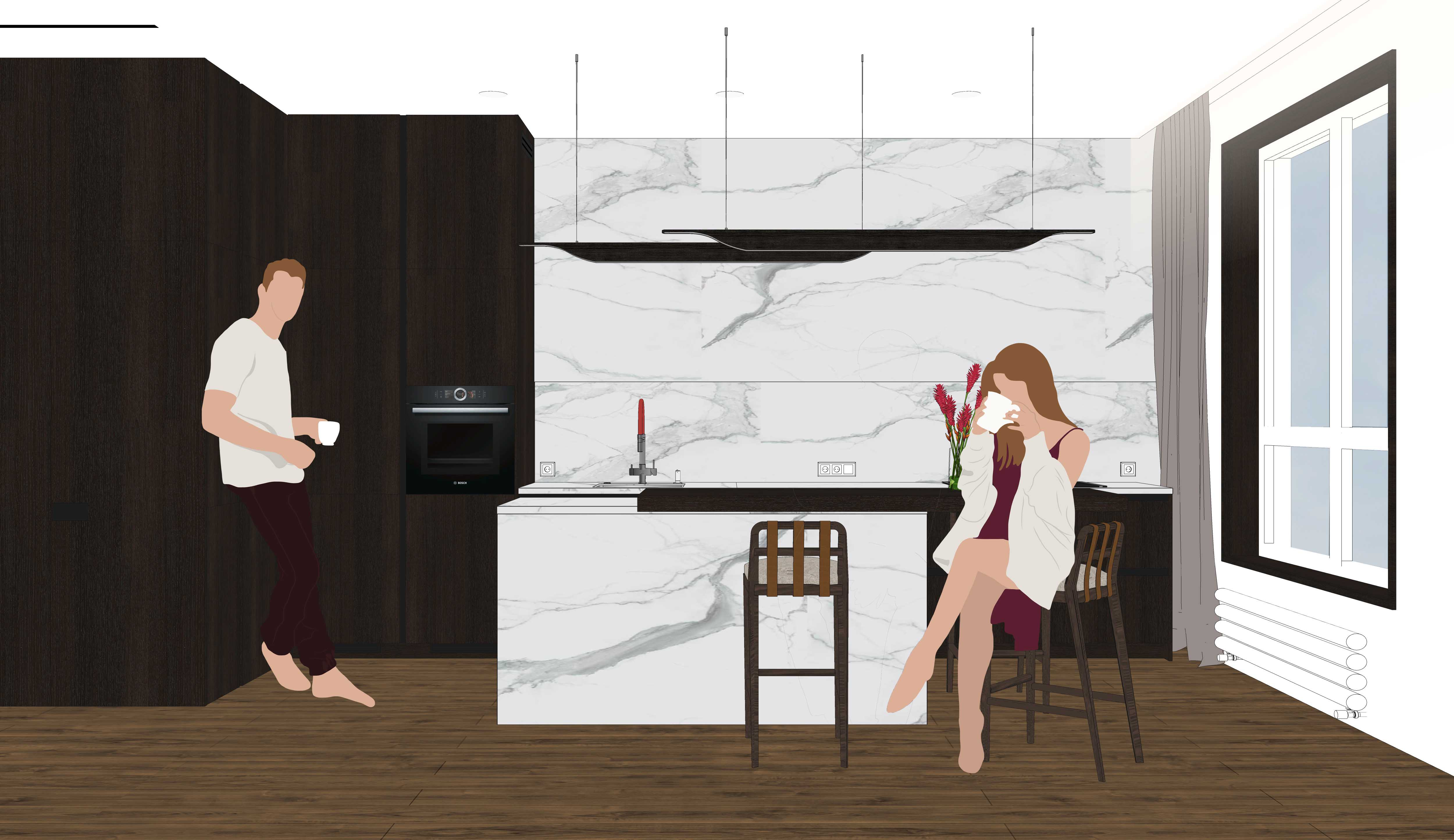 Кухня без верхних модулей с островом